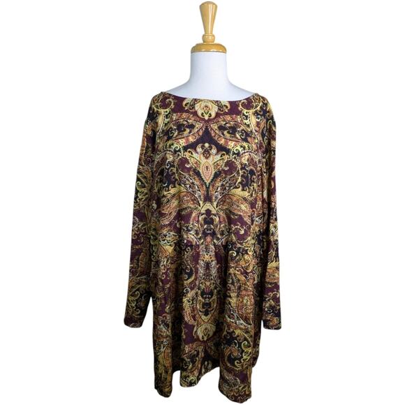 J. Jill Tunic Top XL Paisley Rayon Side Slit Maroon Yellow Long Sleeve Blouse - Picture 1 of 9